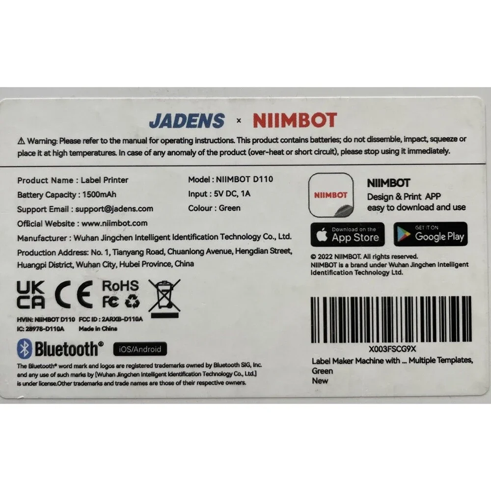 Jadens D110 Label Maker Machine Green 1 Tape Roll Portable Bluetooth Printer NIB